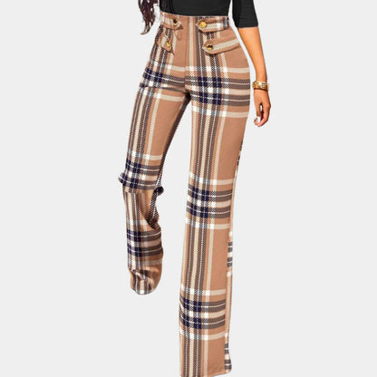 Pantalón De Talle Alto Con Corte Evasé Y Estampado De Cuadros Para Mujer | Ideal Para Uso Diario