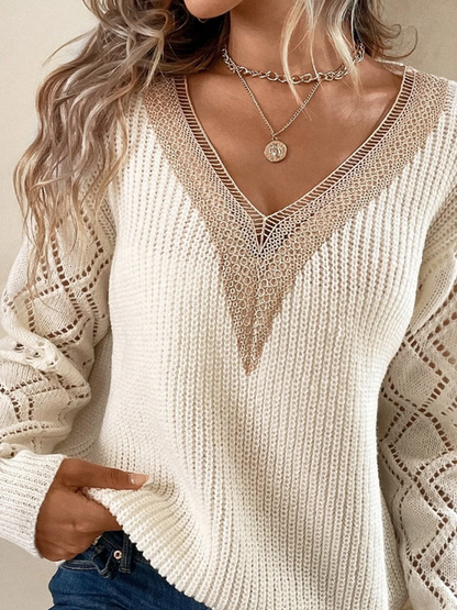 Jersey Liso Con Cuello En V Y Detalle De Encaje Para Mujer | Ideal Para Uso Diario Y Contextos Semi Formales