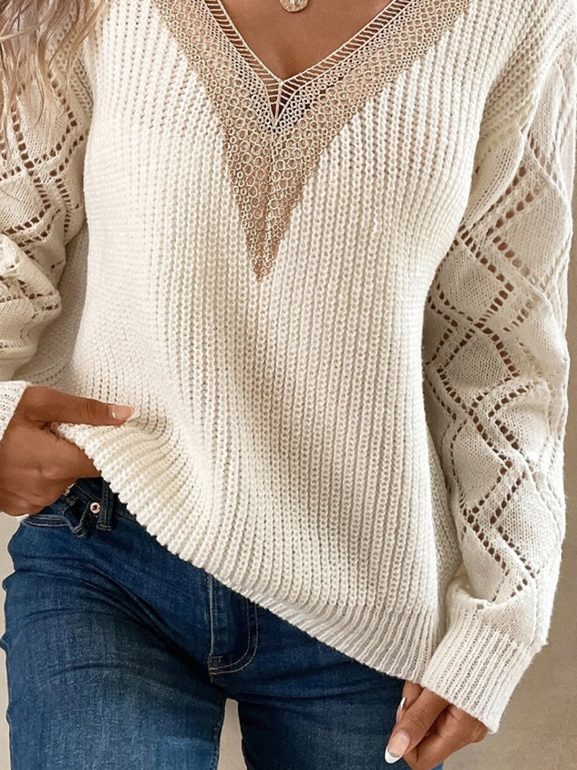 Jersey Liso Con Cuello En V Y Detalle De Encaje Para Mujer | Ideal Para Uso Diario Y Contextos Semi Formales