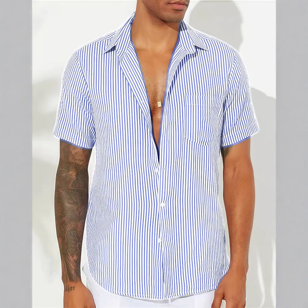 Camisa de Manga Corta con Cierre Abotonado y Rayas Verticales para Hombre | Ideal para Uso Diario y Verano