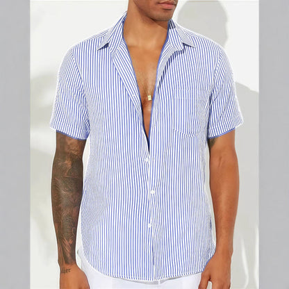 Camisa de Manga Corta con Cierre Abotonado y Rayas Verticales para Hombre | Ideal para Uso Diario y Verano