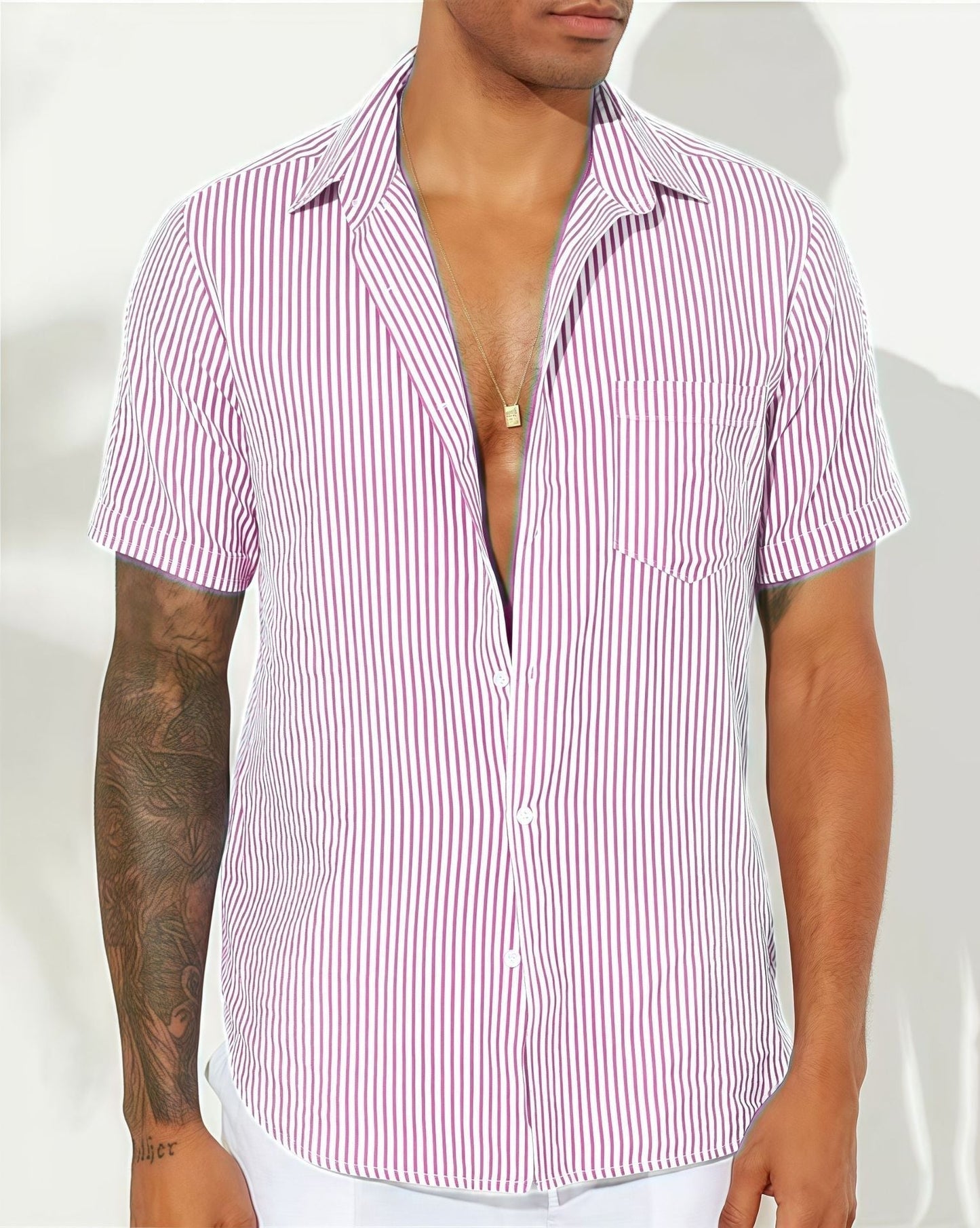 Camisa de Manga Corta con Cierre Abotonado y Rayas Verticales para Hombre | Ideal para Uso Diario y Verano