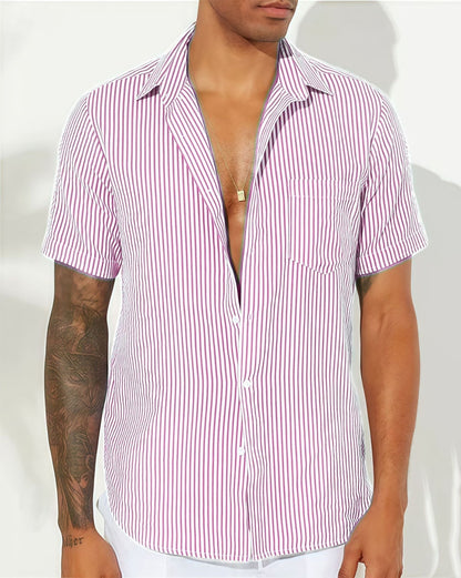 Camisa de Manga Corta con Cierre Abotonado y Rayas Verticales para Hombre | Ideal para Uso Diario y Verano