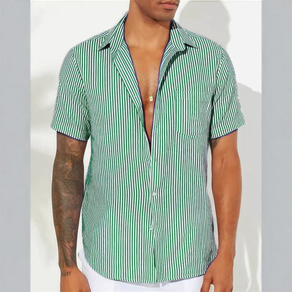 Camisa de Manga Corta con Cierre Abotonado y Rayas Verticales para Hombre | Ideal para Uso Diario y Verano