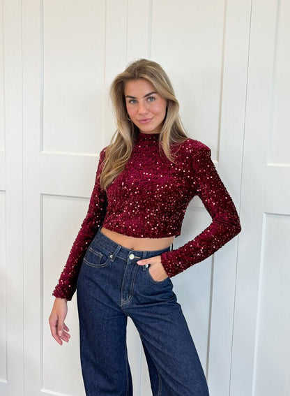 Top De Manga Larga Con Cuello Redondo Y Detalles De Lentejuelas Para Mujer | Ideal Para Eventos Especiales O Salidas Nocturnas