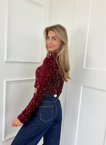 Top De Manga Larga Con Cuello Redondo Y Detalles De Lentejuelas Para Mujer | Ideal Para Eventos Especiales O Salidas Nocturnas
