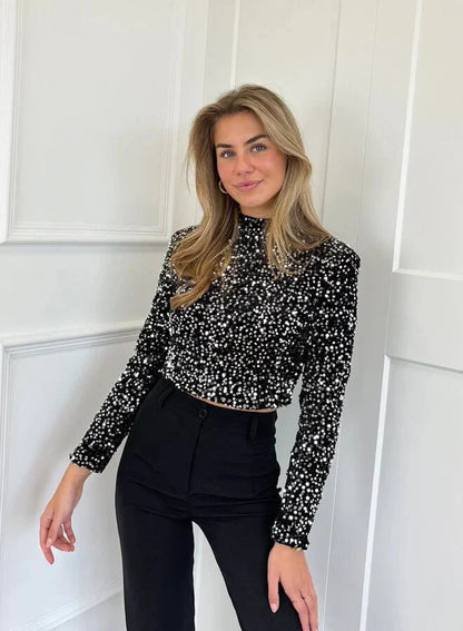 Top De Manga Larga Con Cuello Redondo Y Detalles De Lentejuelas Para Mujer | Ideal Para Eventos Especiales O Salidas Nocturnas