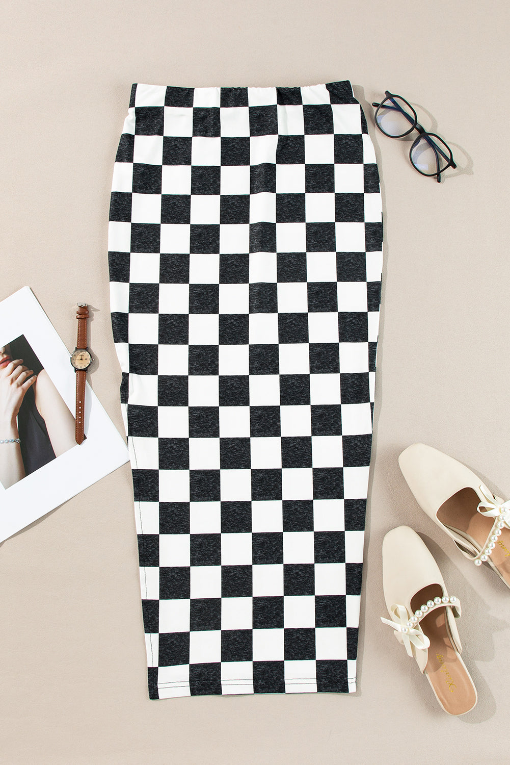Falda Midi con Fenda Lateral y Motivo de Cuadros para Mujer | Ideal para Uso Diario y Profesional