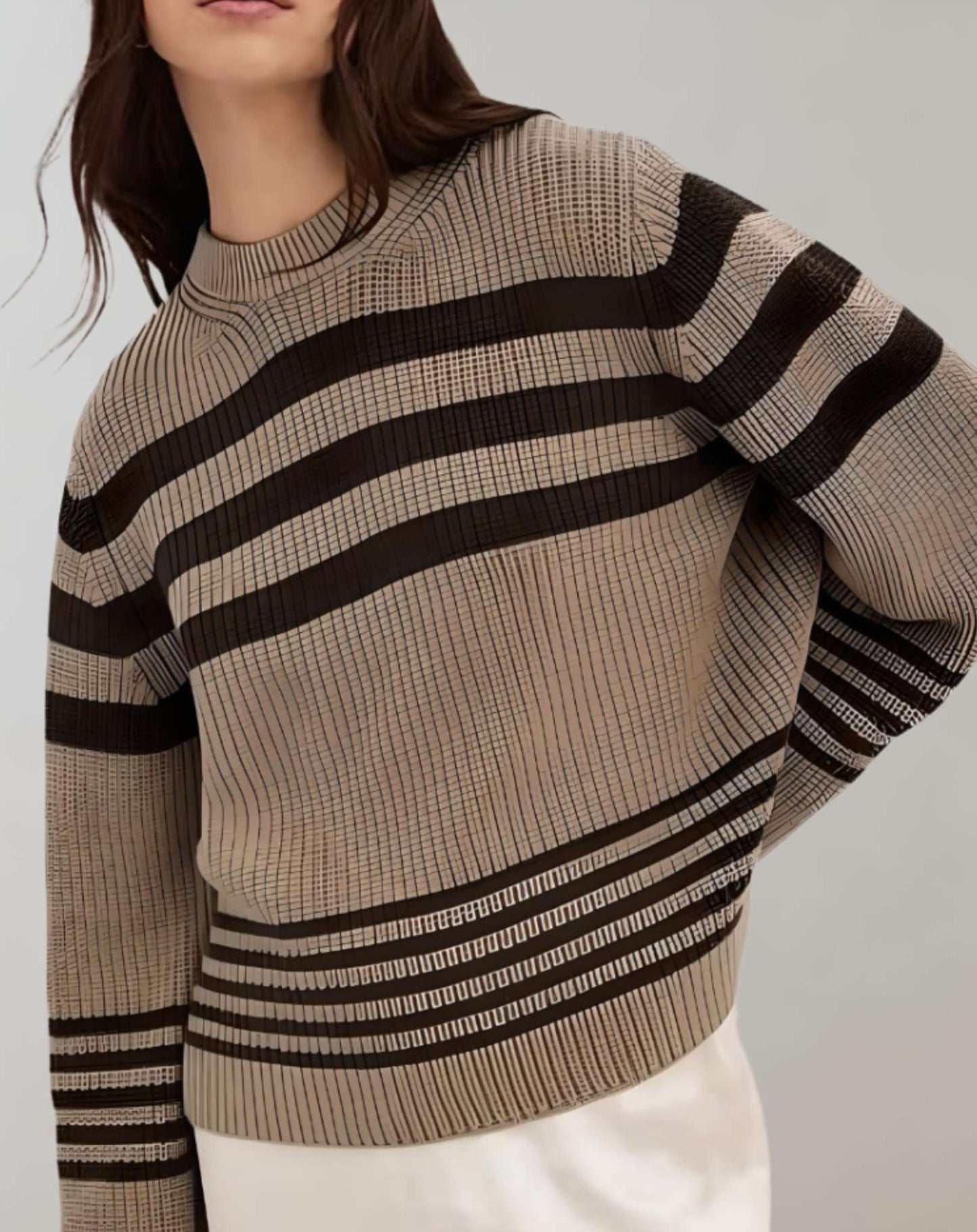 Suéter Bicolor Con Diseño A Rayas Y Cuello Redondo Para Mujer | Ideal Para Otoño E Invierno