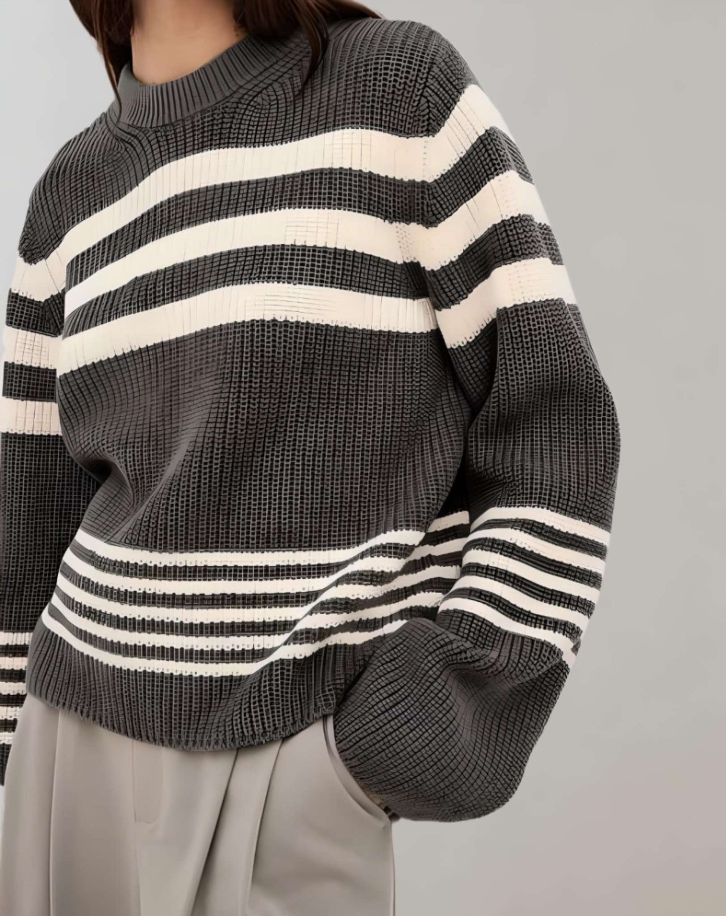 Suéter Bicolor Con Diseño A Rayas Y Cuello Redondo Para Mujer | Ideal Para Otoño E Invierno