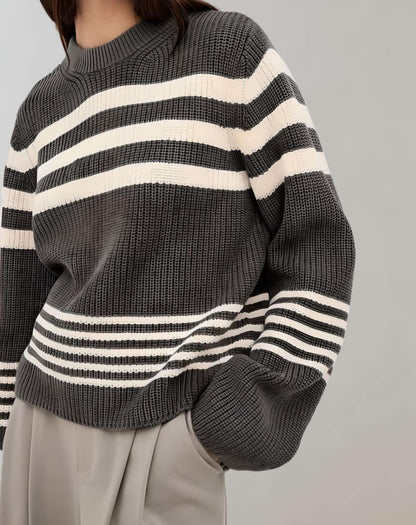 Suéter Bicolor Con Diseño A Rayas Y Cuello Redondo Para Mujer | Ideal Para Otoño E Invierno