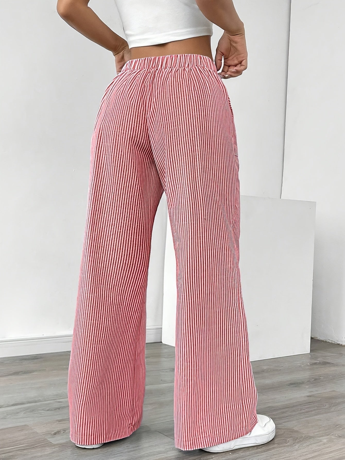 Pantalón De Corte Amplio Con Rayas Verticales Y Cintura Ajustable Para Mujer | Ideal Para Uso Diario