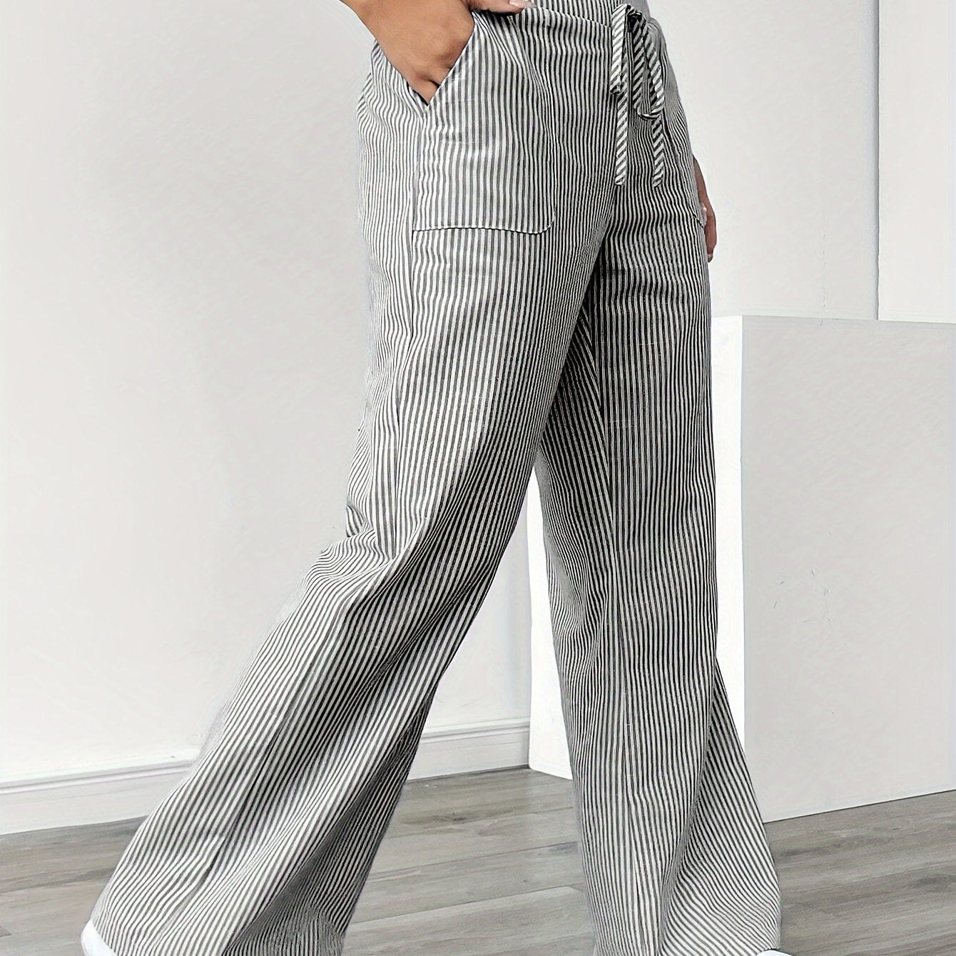 Pantalón De Corte Amplio Con Rayas Verticales Y Cintura Ajustable Para Mujer | Ideal Para Uso Diario