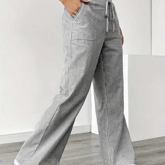 Pantalón De Corte Amplio Con Rayas Verticales Y Cintura Ajustable Para Mujer | Ideal Para Uso Diario