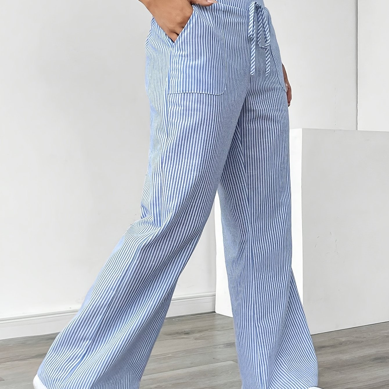 Pantalón De Corte Amplio Con Rayas Verticales Y Cintura Ajustable Para Mujer | Ideal Para Uso Diario