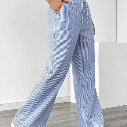 Pantalón De Corte Amplio Con Rayas Verticales Y Cintura Ajustable Para Mujer | Ideal Para Uso Diario