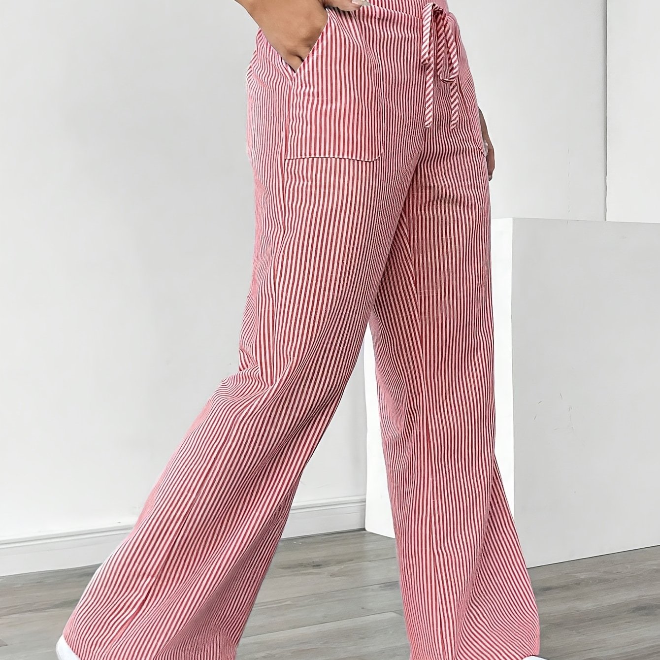 Pantalón De Corte Amplio Con Rayas Verticales Y Cintura Ajustable Para Mujer | Ideal Para Uso Diario