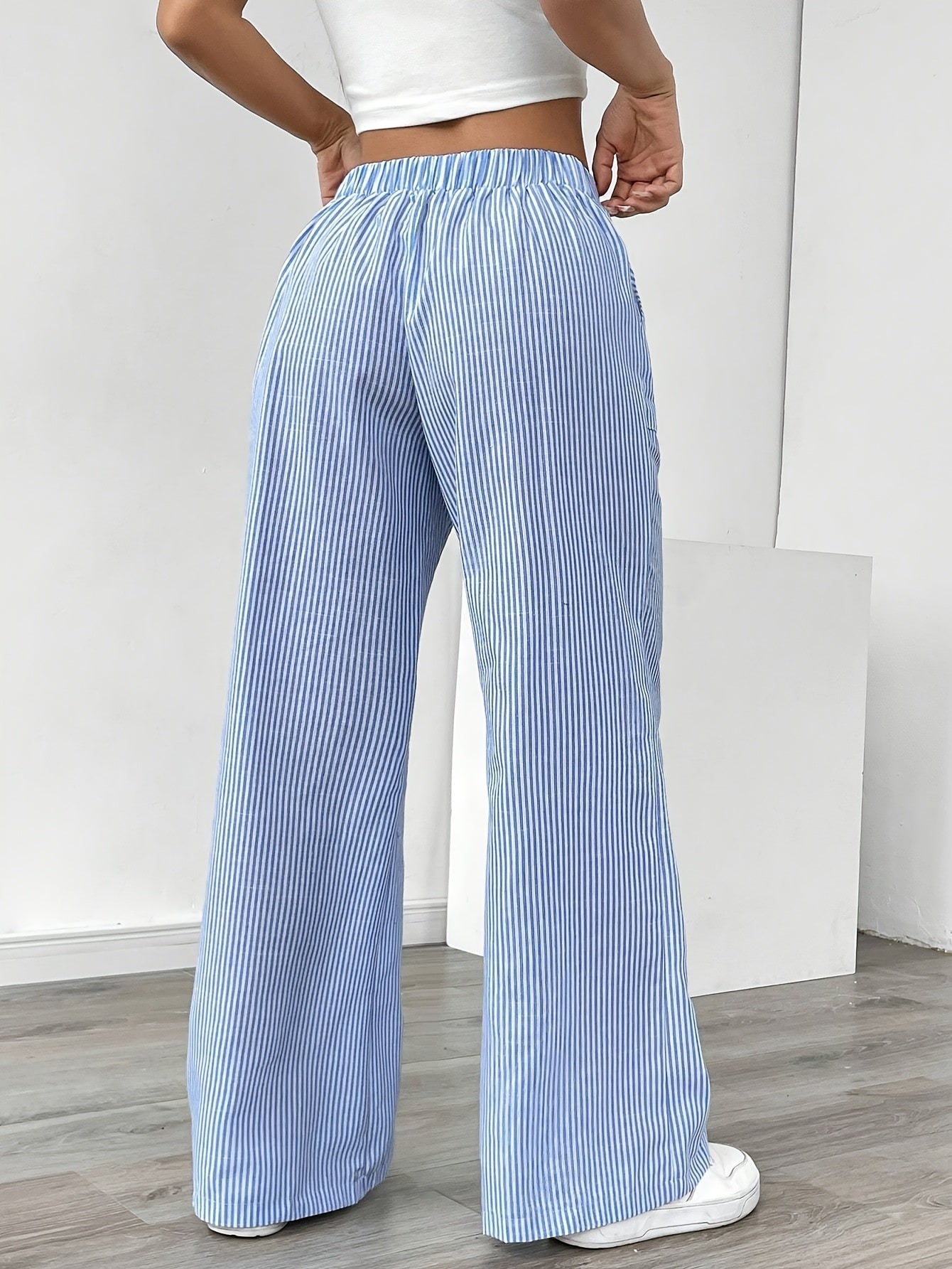 Pantalón De Corte Amplio Con Rayas Verticales Y Cintura Ajustable Para Mujer | Ideal Para Uso Diario