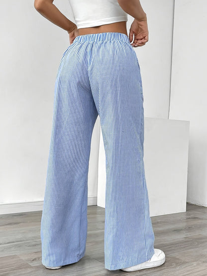 Pantalón De Corte Amplio Con Rayas Verticales Y Cintura Ajustable Para Mujer | Ideal Para Uso Diario