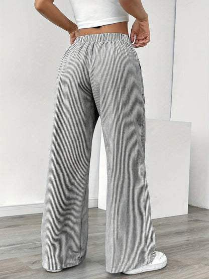 Pantalón De Corte Amplio Con Rayas Verticales Y Cintura Ajustable Para Mujer | Ideal Para Uso Diario