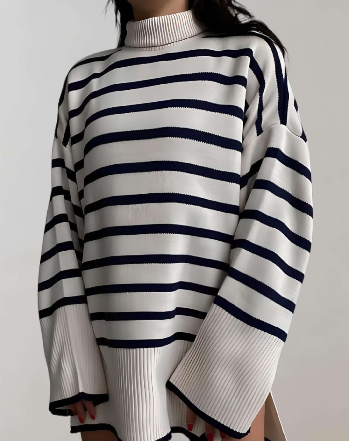 Sweater Con Ajuste Amplio, Cuello Alto Y Diseño De Rayas Para Mujer | Ideal Para Primavera, Otoño E Invierno