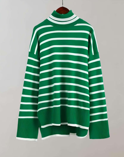 Sweater Con Ajuste Amplio, Cuello Alto Y Diseño De Rayas Para Mujer | Ideal Para Primavera, Otoño E Invierno