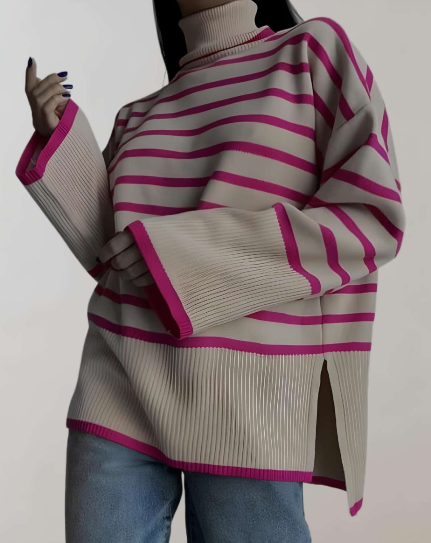 Suéter Con Diseño A Rayas Y Cuello Alto Para Mujer | Ideal Para Otoño E Invierno