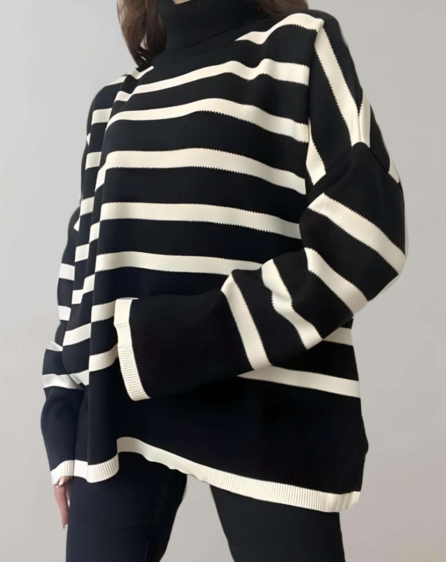 Sweater Con Ajuste Amplio, Cuello Alto Y Diseño De Rayas Para Mujer | Ideal Para Primavera, Otoño E Invierno
