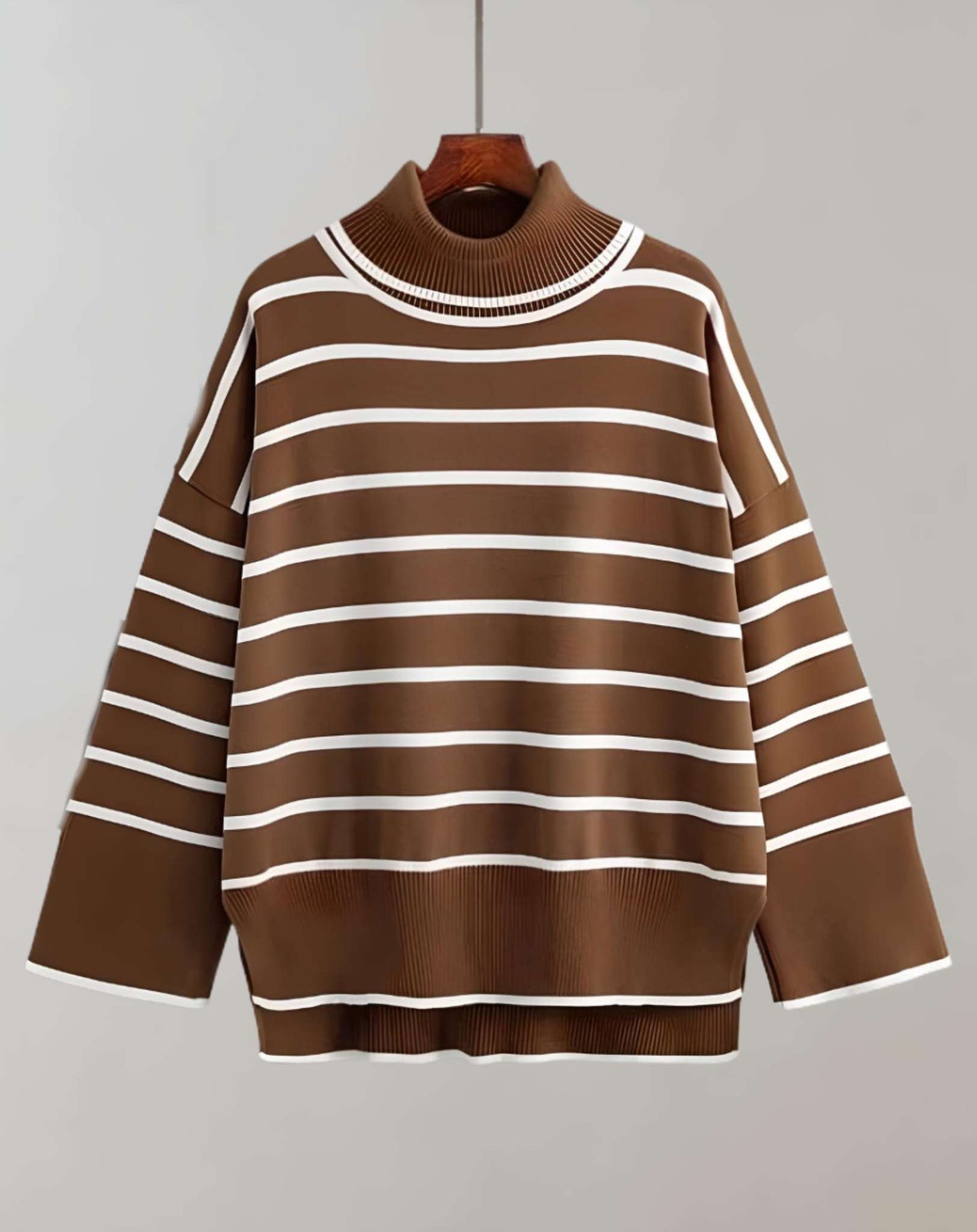 Sweater Con Ajuste Amplio, Cuello Alto Y Diseño De Rayas Para Mujer | Ideal Para Primavera, Otoño E Invierno