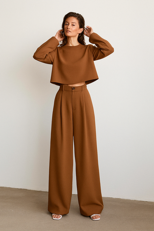 Conjunto de Dos Piezas con Pantalón Plisado y Top Corto para Mujer | Ideal para Primavera, Verano y Otoño