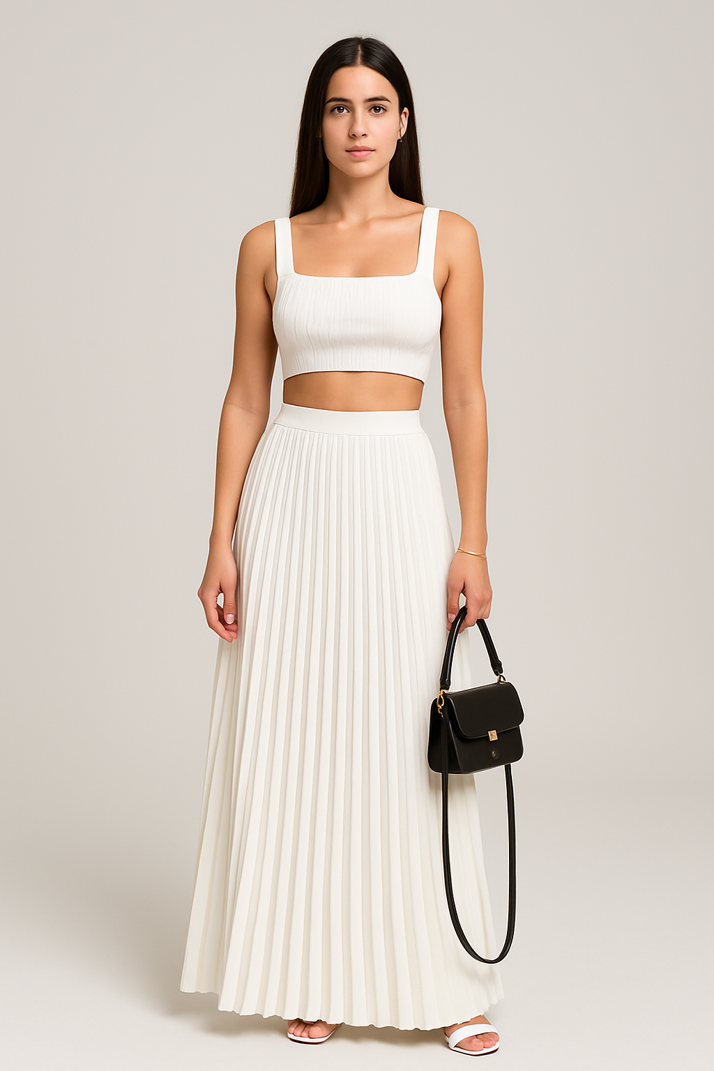 Conjunto de Dos Piezas con Crop Top Slim Fit y Falda Maxi Plisada para Mujer | Ideal para Uso Diario o Ocasiones Formales