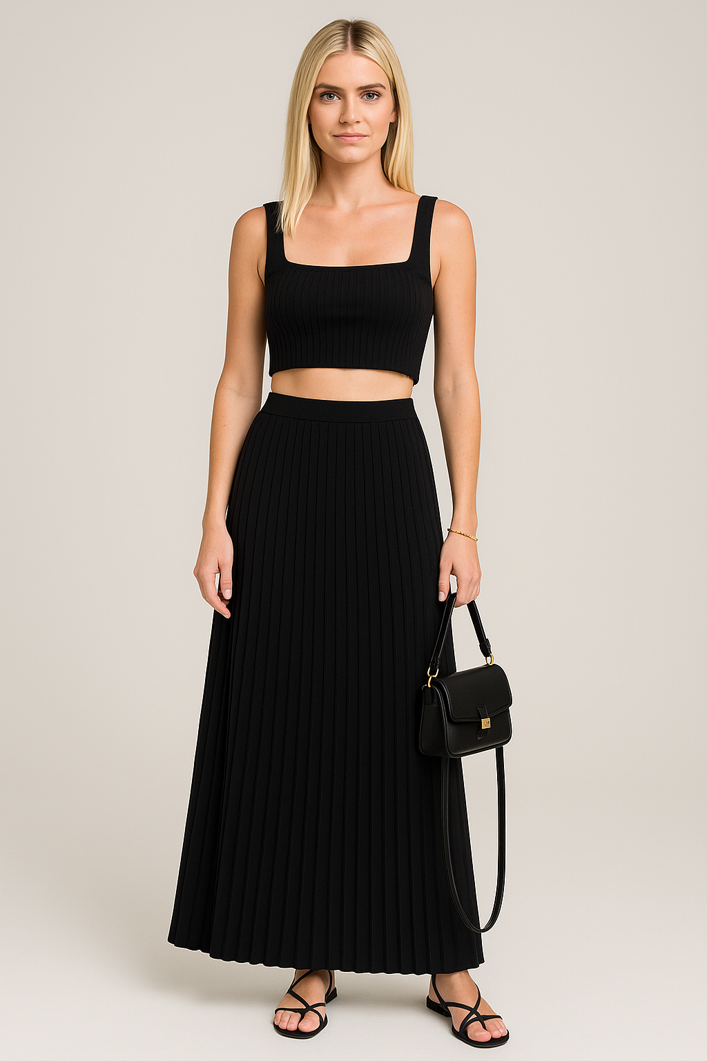 Conjunto de Dos Piezas con Crop Top Slim Fit y Falda Maxi Plisada para Mujer | Ideal para Uso Diario o Ocasiones Formales