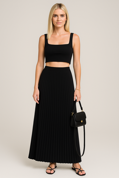 Conjunto de Dos Piezas con Crop Top Slim Fit y Falda Maxi Plisada para Mujer | Ideal para Uso Diario o Ocasiones Formales