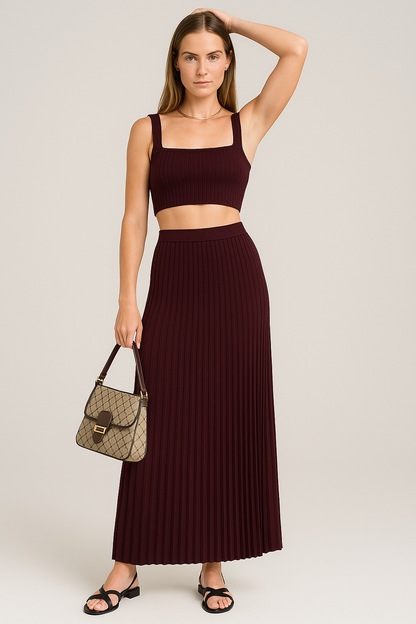 Conjunto de Dos Piezas con Crop Top Slim Fit y Falda Maxi Plisada para Mujer | Ideal para Uso Diario o Ocasiones Formales