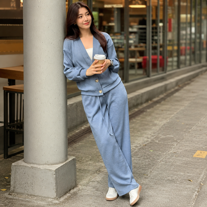 Conjunto De Dos Piezas con Cárdigan Abotonado y Pantalón para Mujer | Ideal para Uso Diario O Salidas Informales