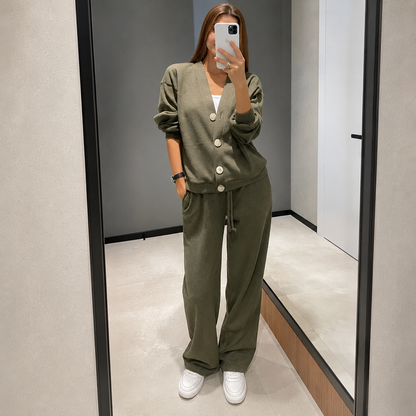Conjunto De Dos Piezas con Cárdigan Abotonado y Pantalón para Mujer | Ideal para Uso Diario O Salidas Informales