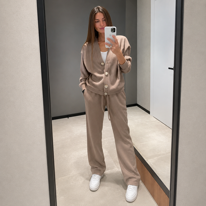 Conjunto De Dos Piezas con Cárdigan Abotonado y Pantalón para Mujer | Ideal para Uso Diario O Salidas Informales