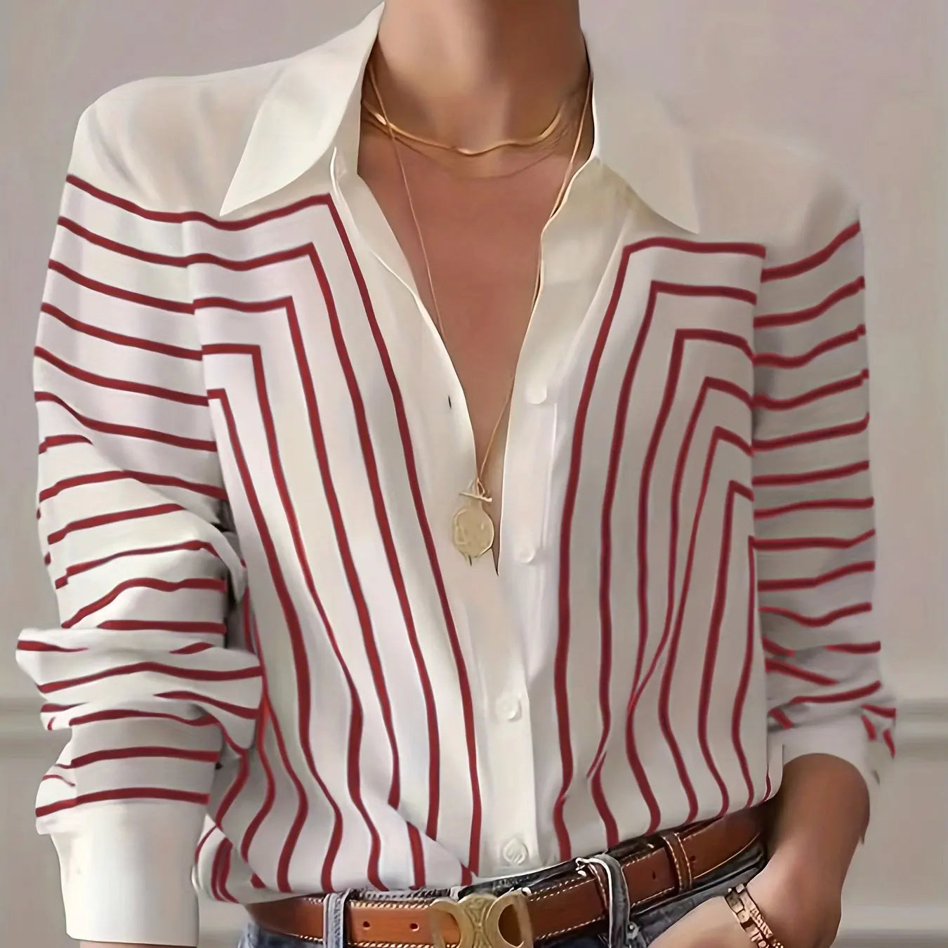Blusa A Rayas Con Cierre Abotonado Para Mujer | Ideal Para Uso Diario Y Semi-Formal