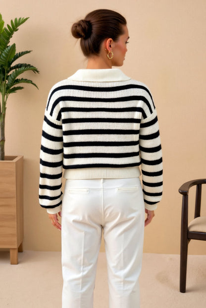 Jersey De Punto Con Rayas Y Cuello Con Cremallera Para Mujer | Ideal Para Uso Diario Y Entretiempo
