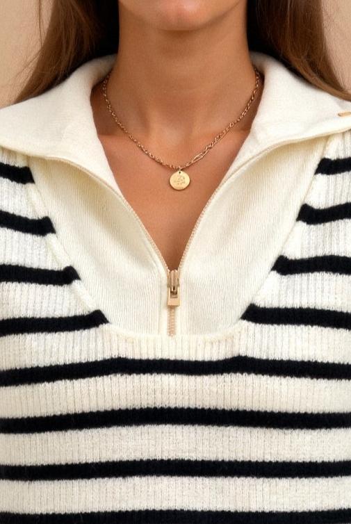 Jersey De Punto Con Rayas Y Cuello Con Cremallera Para Mujer | Ideal Para Uso Diario Y Entretiempo