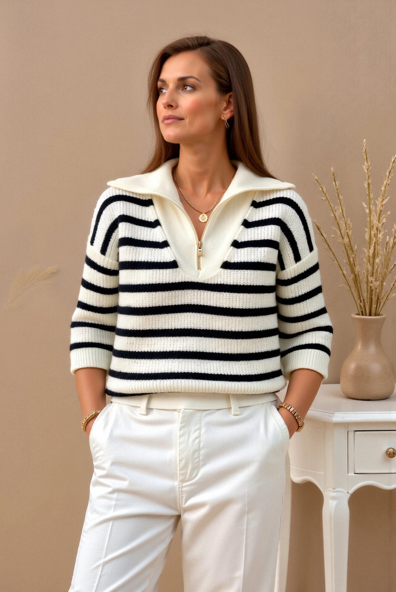 Jersey De Punto Con Rayas Y Cuello Con Cremallera Para Mujer | Ideal Para Uso Diario Y Entretiempo