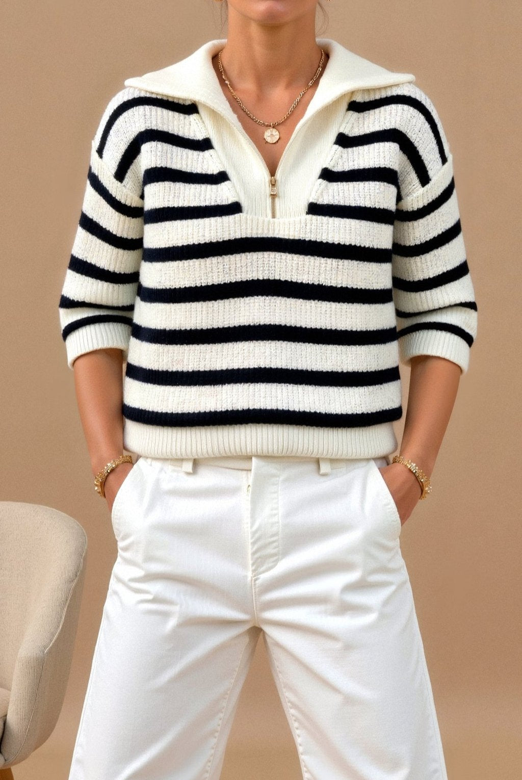 Jersey con Cremallera en el Cuello y Estampado de Rayas para Mujer | Ideal para Uso Diario en Días Frescos