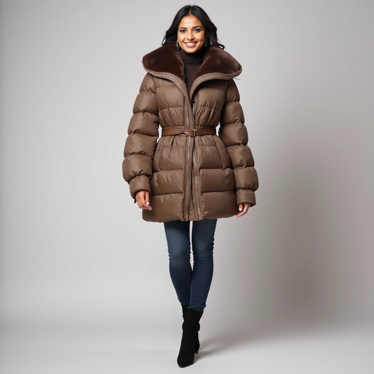 Chaqueta Acolchada con Cuello Desmontable y Cinturón Ajustable para Mujer | Ideal para Invierno