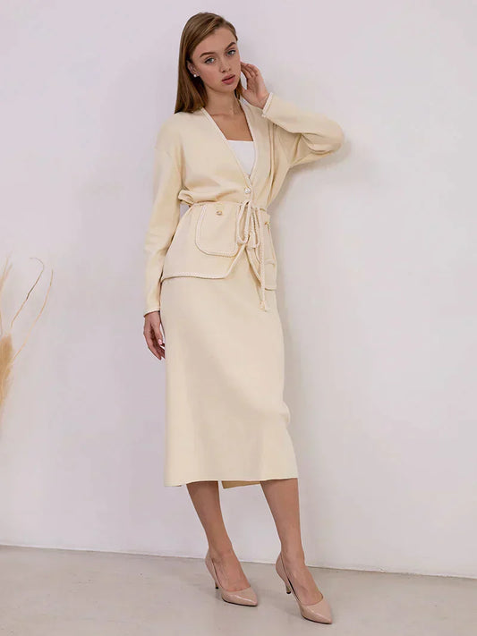 Conjunto De Dos Piezas Con Cárdigan Abierto Y Falda Para Mujer | Ideal Para Uso Diario Y Ocasiones Semi-Formales