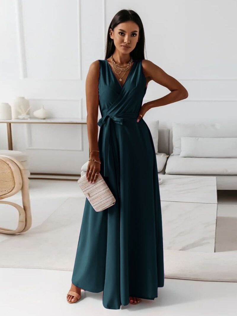 Vestido Largo Cruzado Con Cinturón Para Mujer | Ideal Para Uso En Eventos Formales Y De Día