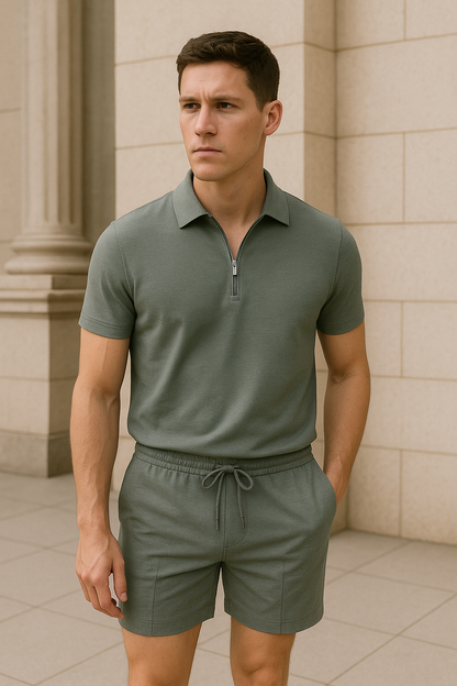Conjunto Polo con Cuello con Cremallera y Shorts con Cintura Elástica para Adultos | Ideal para Uso Diario
