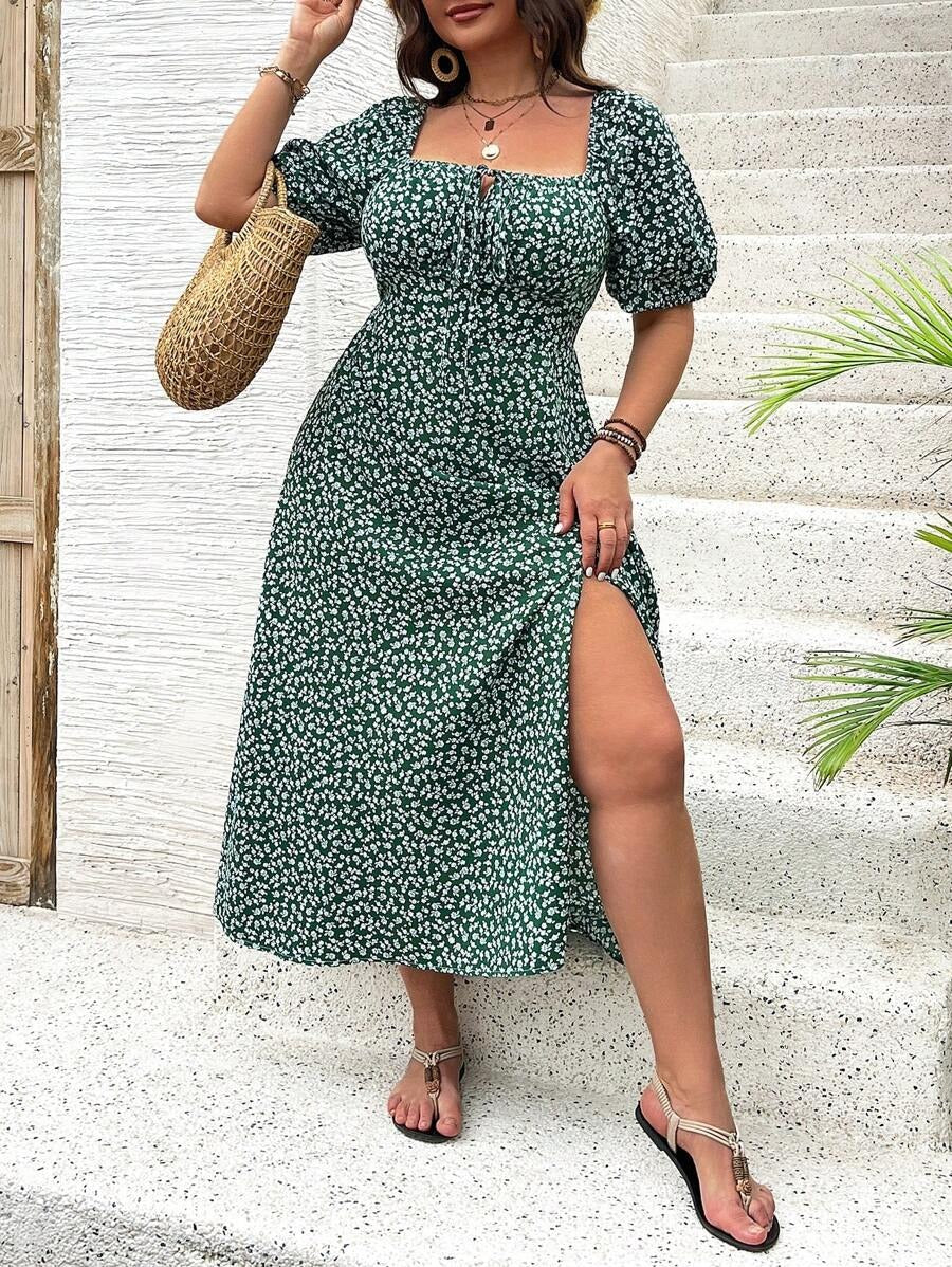 Vestido Midi Evasé Con Cuello Cuadrado Y Motivo Floral Para Mujer | Ideal Para Uso Veraniego Informal