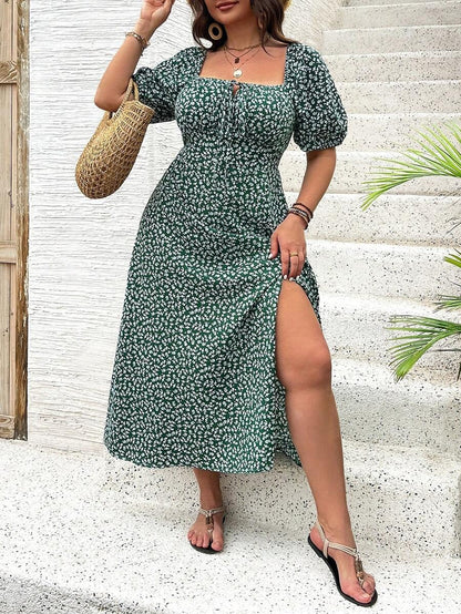 Vestido Midi Evasé Con Cuello Cuadrado Y Motivo Floral Para Mujer | Ideal Para Uso Veraniego Informal
