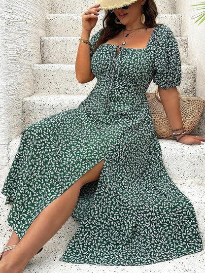 Vestido Midi Evasé Con Cuello Cuadrado Y Motivo Floral Para Mujer | Ideal Para Uso Veraniego Informal