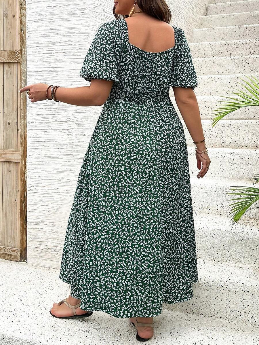 Vestido Midi Evasé Con Cuello Cuadrado Y Motivo Floral Para Mujer | Ideal Para Uso Veraniego Informal